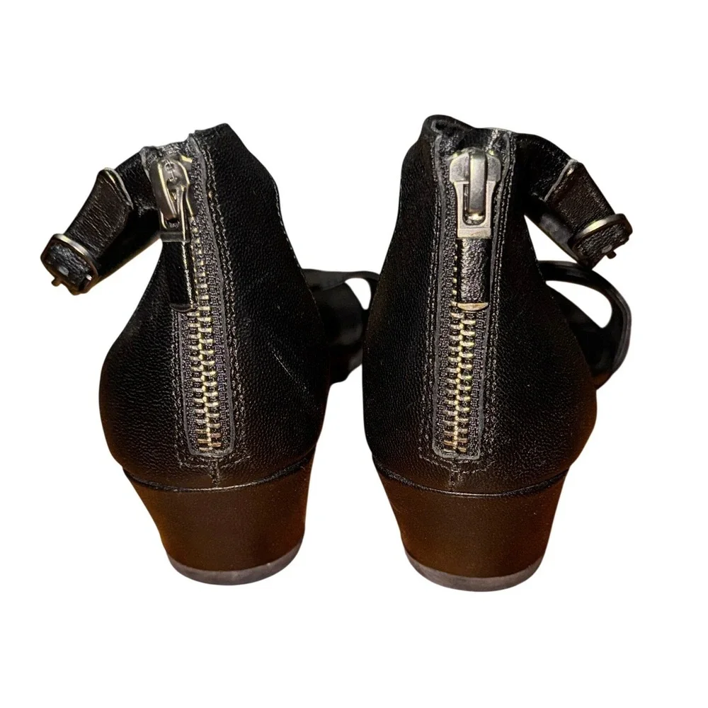 Eileen Fisher Mara Black Tumbled Leather Wedge Sandals Womens Size 8 Low Heel